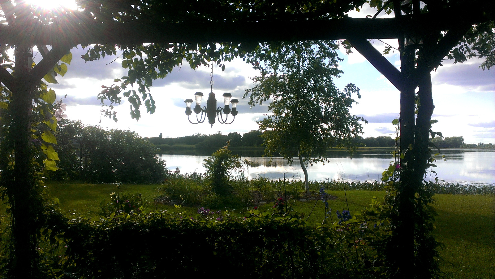 Standing under the Flowering Gazebo looking out at the lake; you can see how much shade is created by the canopy above